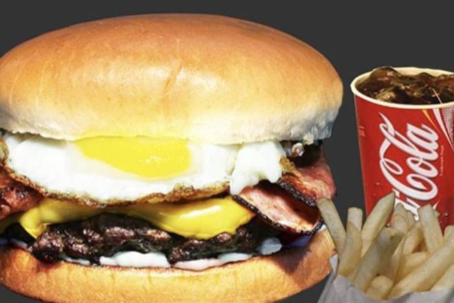 Order Loaded bacon cheeseburger with ham and egg combo food online from Breakfast, Burgers & Tax-Mex Express store, Cedar Park on bringmethat.com