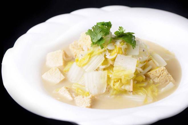 Order 虾皮白菜炖冻豆腐 Stewed Frozen Tofu served with Chinese Cabbage and Dried Small Shrimps food online from Min Chef store, Tustin on bringmethat.com