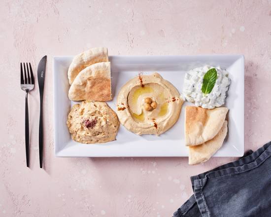 Order Mezze Platter (V) by SAJJ Mediterranean Express food online from Barzotto store, Palo Alto on bringmethat.com