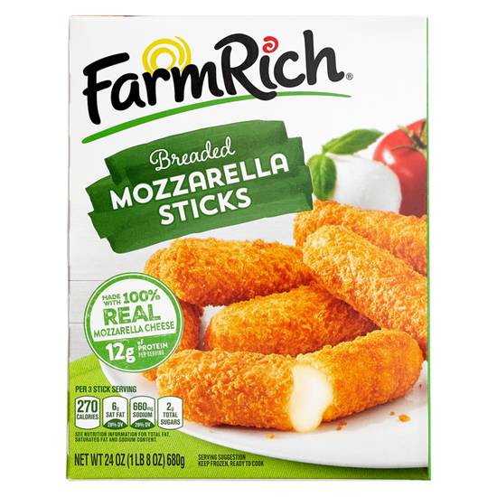 Order Farm Rich Frozen Breaded 100% Real Mozzarella Cheese Sticks 24oz food online from Everyday Needs by Gopuff store, Baton Rouge on bringmethat.com