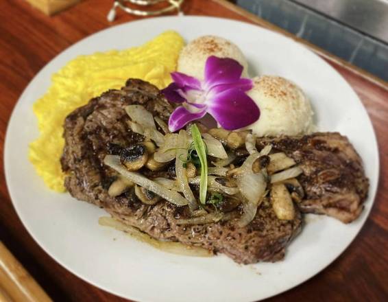 Order 10 oz. New York Steak and Eggs food online from Guieb Cafe store, Wahiawa on bringmethat.com