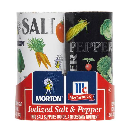 Order Morton Iodized Salt & McCormick Black Pepper Shakers set 5.25oz food online from Everyday Needs by Gopuff store, St. Petersburg on bringmethat.com