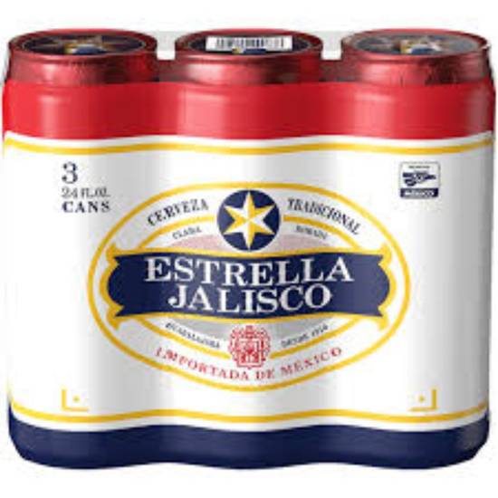 Order ESTRELLA JALISCO 24oz 3pk CANS food online from Duke Liquor & Jr. Market store, Los Angeles on bringmethat.com