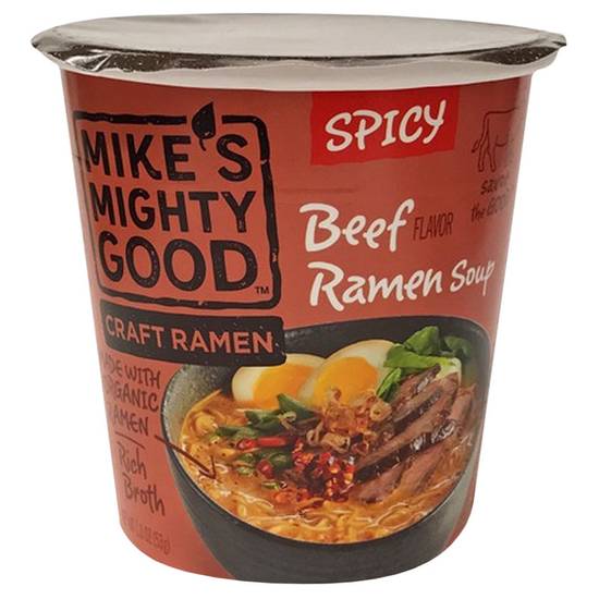 Order Mike's Mighty Good Spicy Beef Craft Ramen Soup Cup 1.8oz food online from Everyday Needs by Gopuff store, Montgomery on bringmethat.com