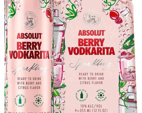 Order Absolut Berry Vodkarita Sparkling RTD Cocktails, 4 Pak-12oz Cans (7% ABV) food online from Golden Ox Liquors store, Saint Augustine on bringmethat.com