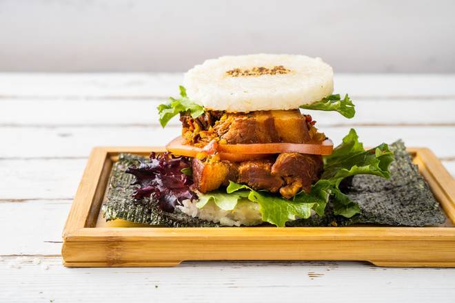 Order K2. Pork Belly Rice Burger 台式五花肉米汉堡 food online from Burger Now store, Cherry Hill on bringmethat.com