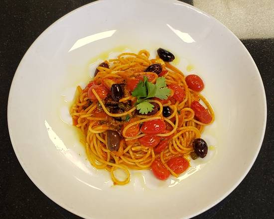 Order Vegan Spaghetti Puttanesca food online from Pizzanada store, Bloomfield on bringmethat.com