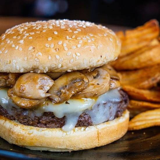 Order Mushroom Swiss Burger food online from Wild Wing Cafe store, Greenville on bringmethat.com