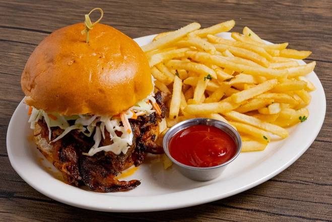 Order BBQ Pulled Pork Sandwich food online from 33 Taps store, Los Angeles on bringmethat.com