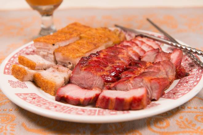 Order BBQ Roast Pork and Crispy Pork Combo Platter food online from Hong Kong Alleys Kitchen store, Union Park on bringmethat.com