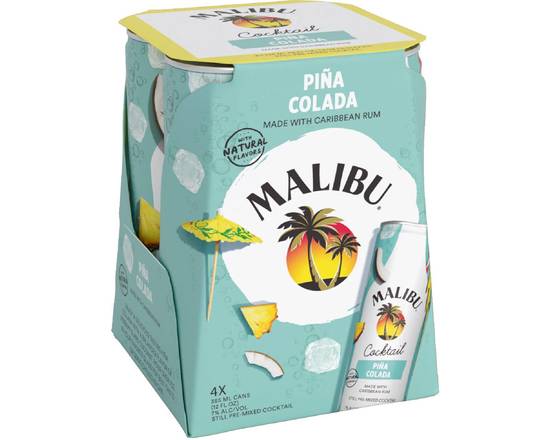 Order Malibu Cocktail Pina Colada 355ml-4Pk (7% ABV) food online from Golden Ox Liquors store, Saint Augustine on bringmethat.com