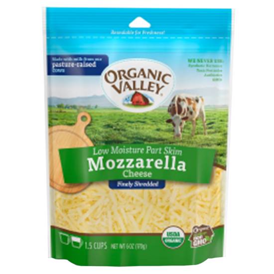 Order Organic Valley Part Skim Mozzarella Finely Shredded Cheese 6oz food online from Everyday Needs by Gopuff store, Baton Rouge on bringmethat.com