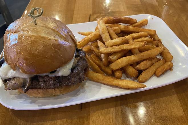 Order Mushroom Swiss Burger food online from Tradition's Restaurant store, West Fargo on bringmethat.com