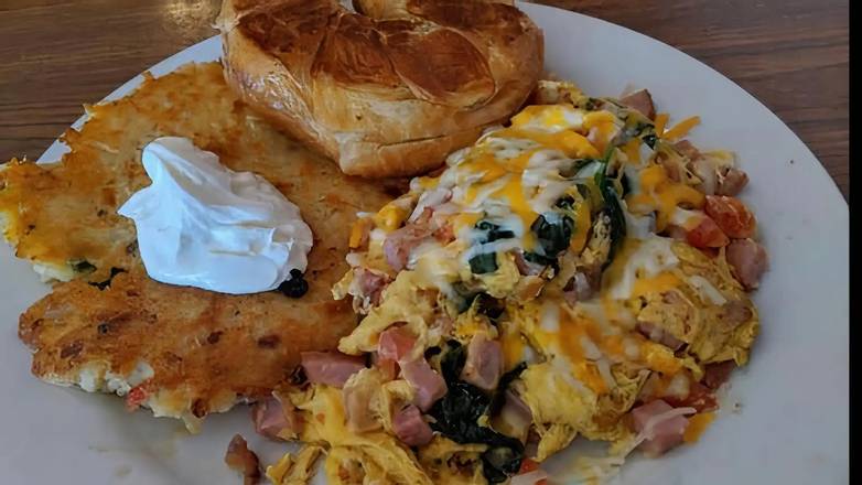 Order Golden Potato Pancake Breakfast (1 pc) food online from Cabrillo Park Cafe store, Fremont on bringmethat.com