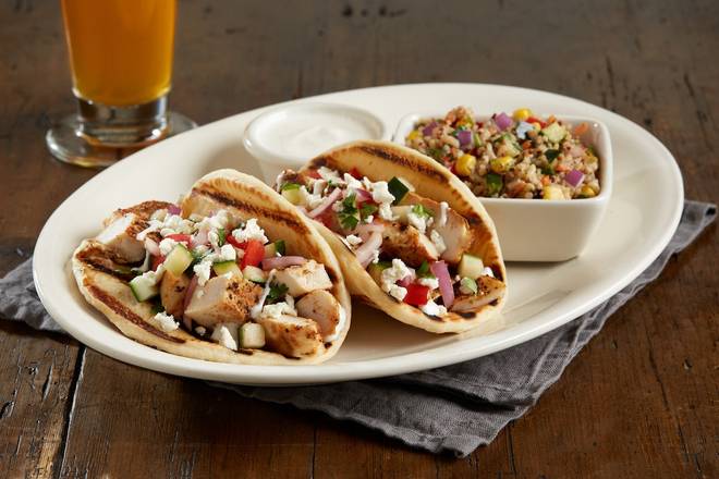 Order Enlightened Mediterranean Chicken Pita Tacos food online from Bj Restaurant & Brewhouse store, Lexington on bringmethat.com