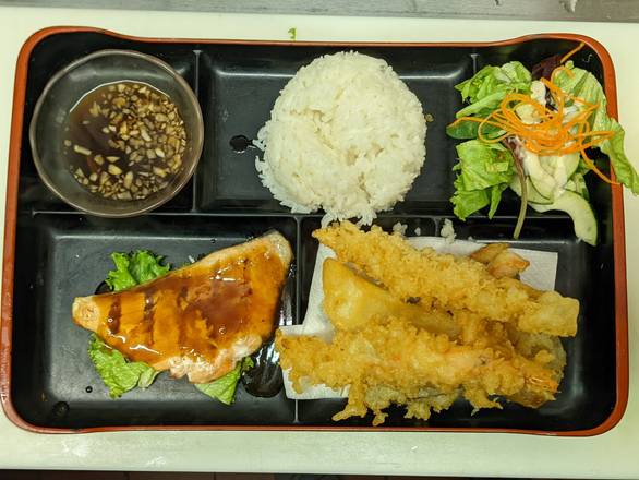 Order Tempura Prawns Vegetables & Salmon Teriyaki Dinner food online from Jojo Sushi Bar & Restaurant store, Santa Rosa on bringmethat.com