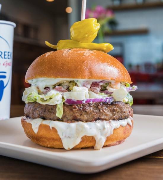 Order Athenian Burger food online from The Great Greek Mediterranean Grill store, Westminster on bringmethat.com