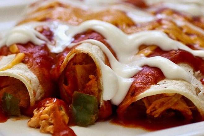 Order Carnitas Cheese ENCHILADAS BAKE food online from Street Mexican store, Bellmore on bringmethat.com