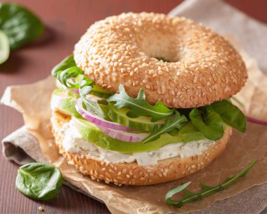 Order Onion Bagel with Cream Cheese Sandwich food online from The Pancake Snob store, New York on bringmethat.com