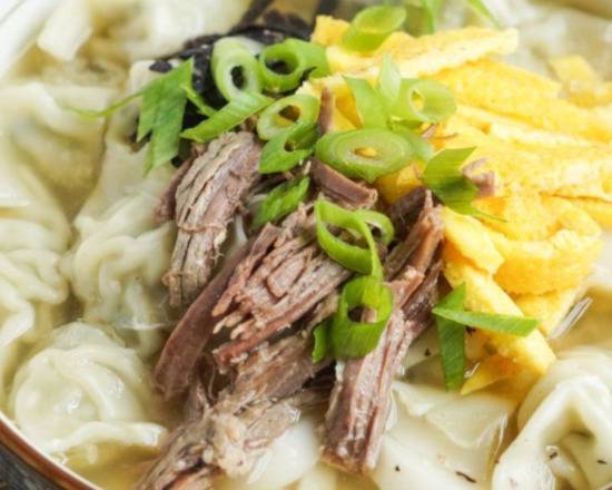 Order Duk Mandu Guk/Pork Dumpling and Rice Cake Soup food online from Gangnam Korean Restaurant store, Jacksonville on bringmethat.com