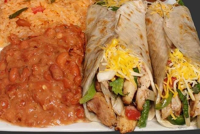 Order Chicken fajitas tacos plate food online from Breakfast, Burgers & Tax-Mex Express store, Cedar Park on bringmethat.com
