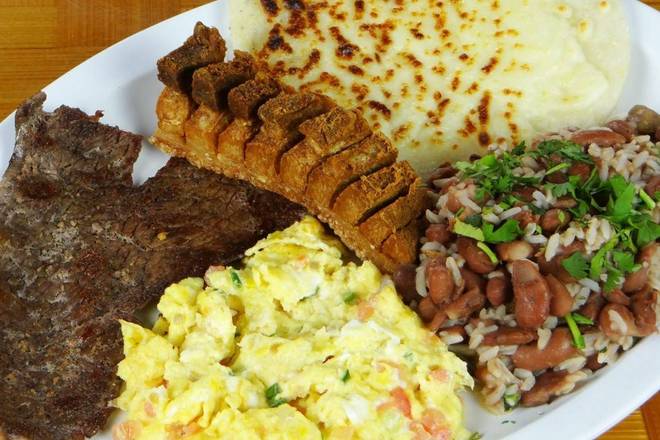 Order Calentado, Huevos Pericos, Arepa con Queso and Carne Asada y Chicharron food online from El Patio Colombian Restaurant store, Hollywood on bringmethat.com