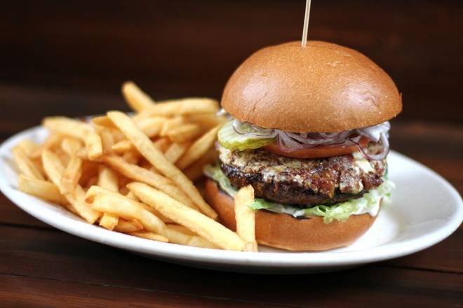 Order Black + Blue Burger* food online from Lazy Dog Restaurant & Bar store, Boca Raton on bringmethat.com