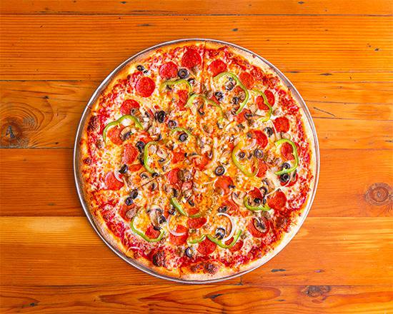 Order 14'' Deluxe Pizza food online from Manhattan Pizzeria store, Manhattan Beach on bringmethat.com