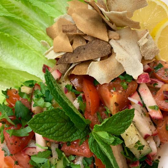 Order Fattoush Salad with Fried Pita food online from Mediterraneaneat All With Olive Oil store, Dallas on bringmethat.com