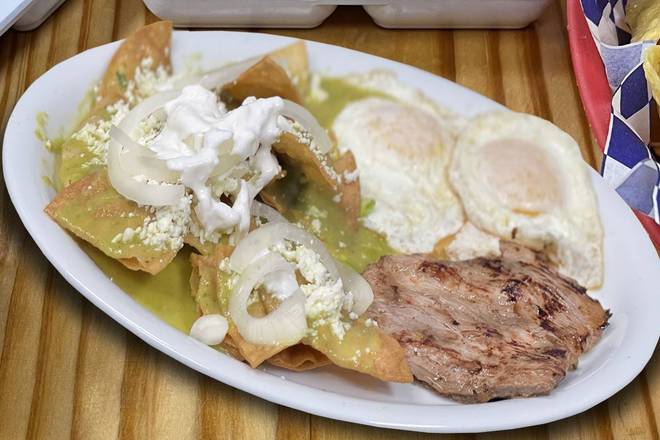 Order Carne Asada Con Chilaquilles Y 2 Huevos food online from El Mercadito Mexican Restaurant store, Memphis on bringmethat.com
