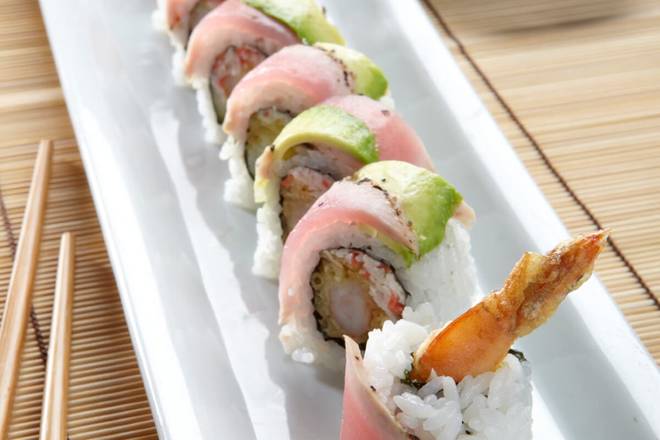 Order ULTIMATE SHRIMP TEMPURA ROLL* food online from Ikura Sushi Lounge store, Coral Gables on bringmethat.com