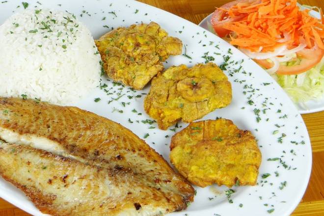 Order Tilapia a la Plancha con Arroz, Tostones y Ensalada food online from El Patio Colombian Restaurant store, Hollywood on bringmethat.com