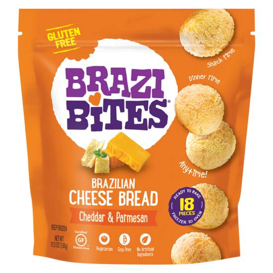 Order Brazi Bites Frozen Cheddar & Parmesan Brazilian Gluten Free Cheese Bread 11.5oz food online from Everyday Needs by Gopuff store, Montgomery on bringmethat.com