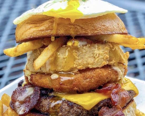 Order Mack Daddy's Hangover Burger food online from The Rouxpour store, Friendswood on bringmethat.com