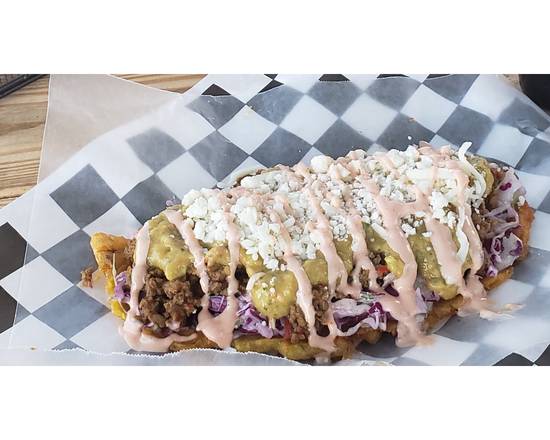 Order Pollo Mechado (Shredded Chicken) Tostone food online from Arepas Donde Flor store, Riverview on bringmethat.com