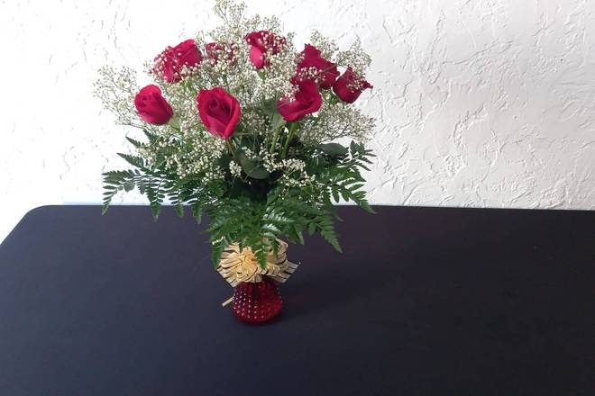 Order Dozen Red Roses in Red Vase food online from Claudia's Flowers store, North Miami on bringmethat.com