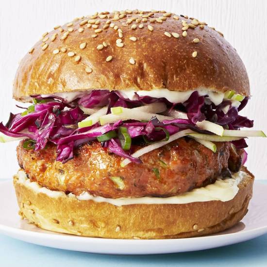 Order SALMON BURGER food online from The Flaming Burger store, Huntington Beach on bringmethat.com