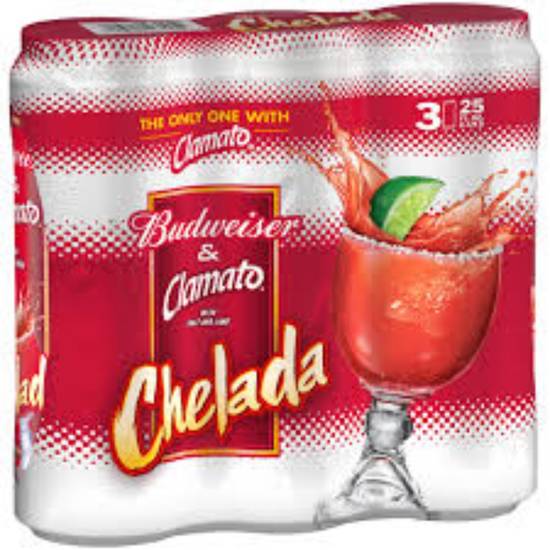 Order BUDWEISER CHELADAS 25oz/3pk cans food online from Duke Liquor & Jr. Market store, Los Angeles on bringmethat.com