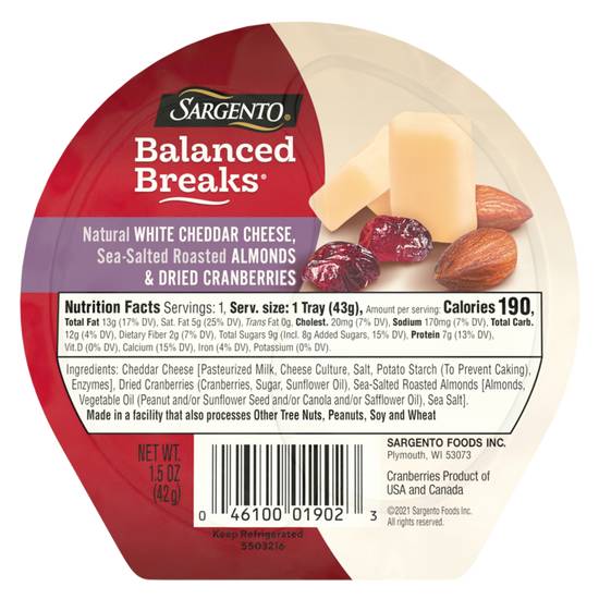 Order Sargento Balanced Breaks Sharp White Cheddar with Almond & Cranberry 1.5oz food online from Everyday Needs by Gopuff store, St. Petersburg on bringmethat.com