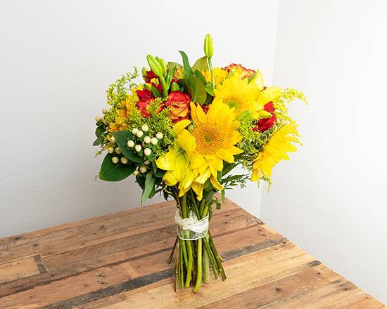 Order Yellow, Orange, Red Wrapped Bouquet food online from @flowers Brier Creek store, Raleigh on bringmethat.com