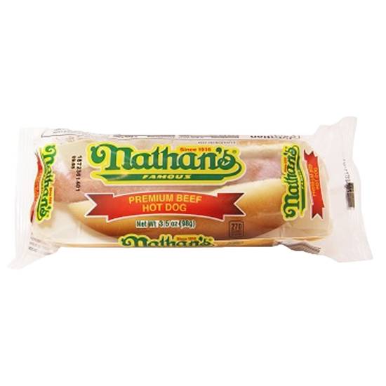 Order Nathan's Famous Frozen Premium Beef Hot Dog in Bun 1ct 3.5oz food online from Everyday Needs by Gopuff store, Rochester on bringmethat.com