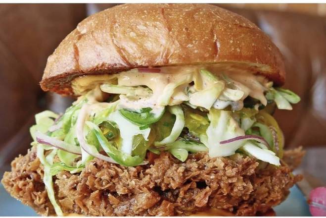 Order FLAMING BUFFALO CRISPY CHICKEN SANDWICH food online from The Flaming Burger store, Huntington Beach on bringmethat.com
