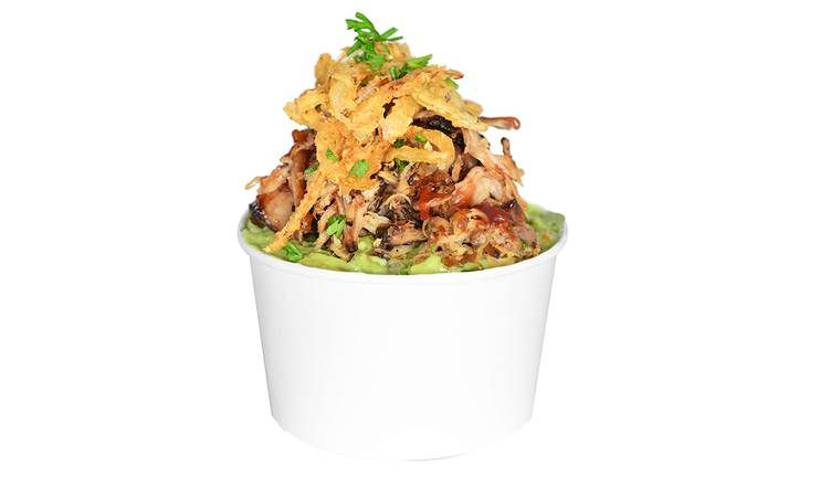 Order Guac & Chips with Pulled BBQ Pork & Crispy Onion food online from Avo Taco store, New Orleans on bringmethat.com